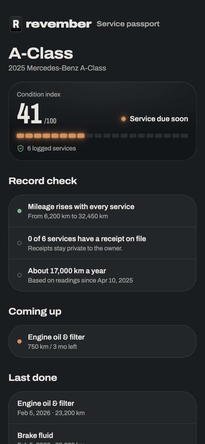 A shared service passport listing past services with date and mileage