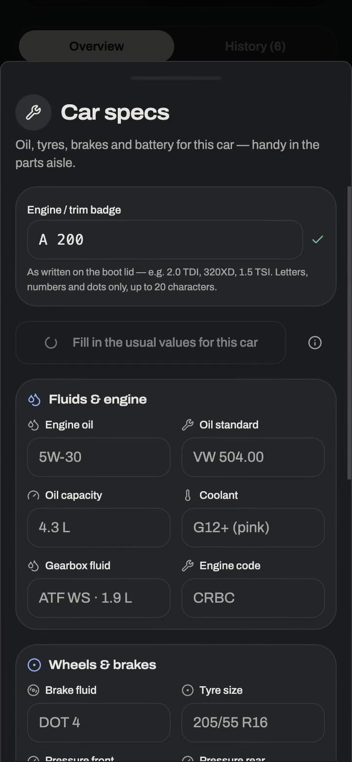 Car specs: engine oil grade, oil capacity, coolant and gearbox fluid